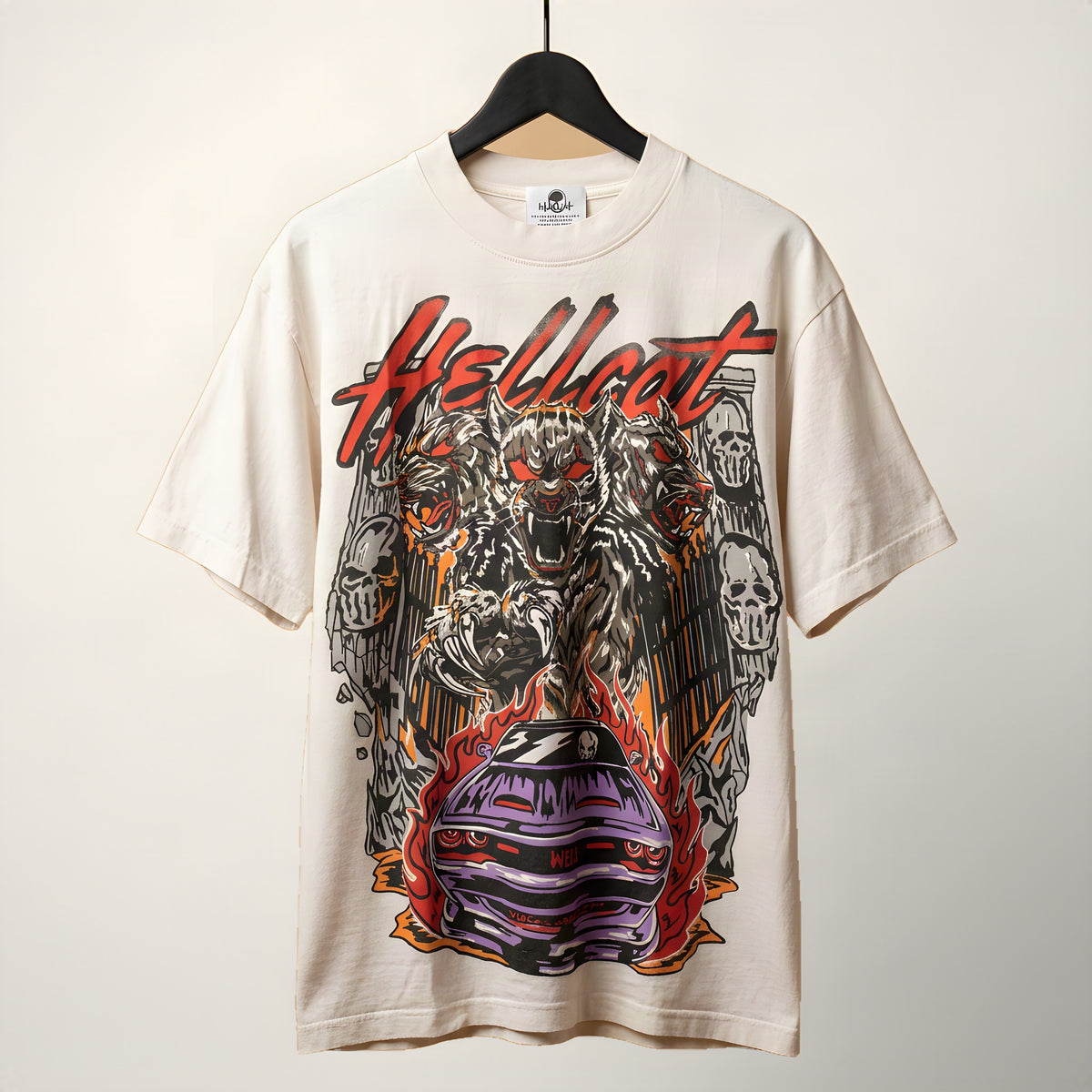 Warren Lotas x Dodge Hellcat tee, cream, front graphic