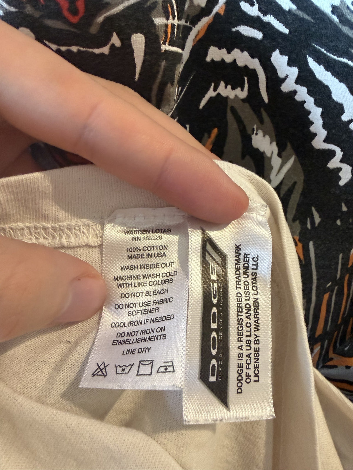 Care label: Warren Lotas, 100% cotton, Made in USA, Dodge official licensed product